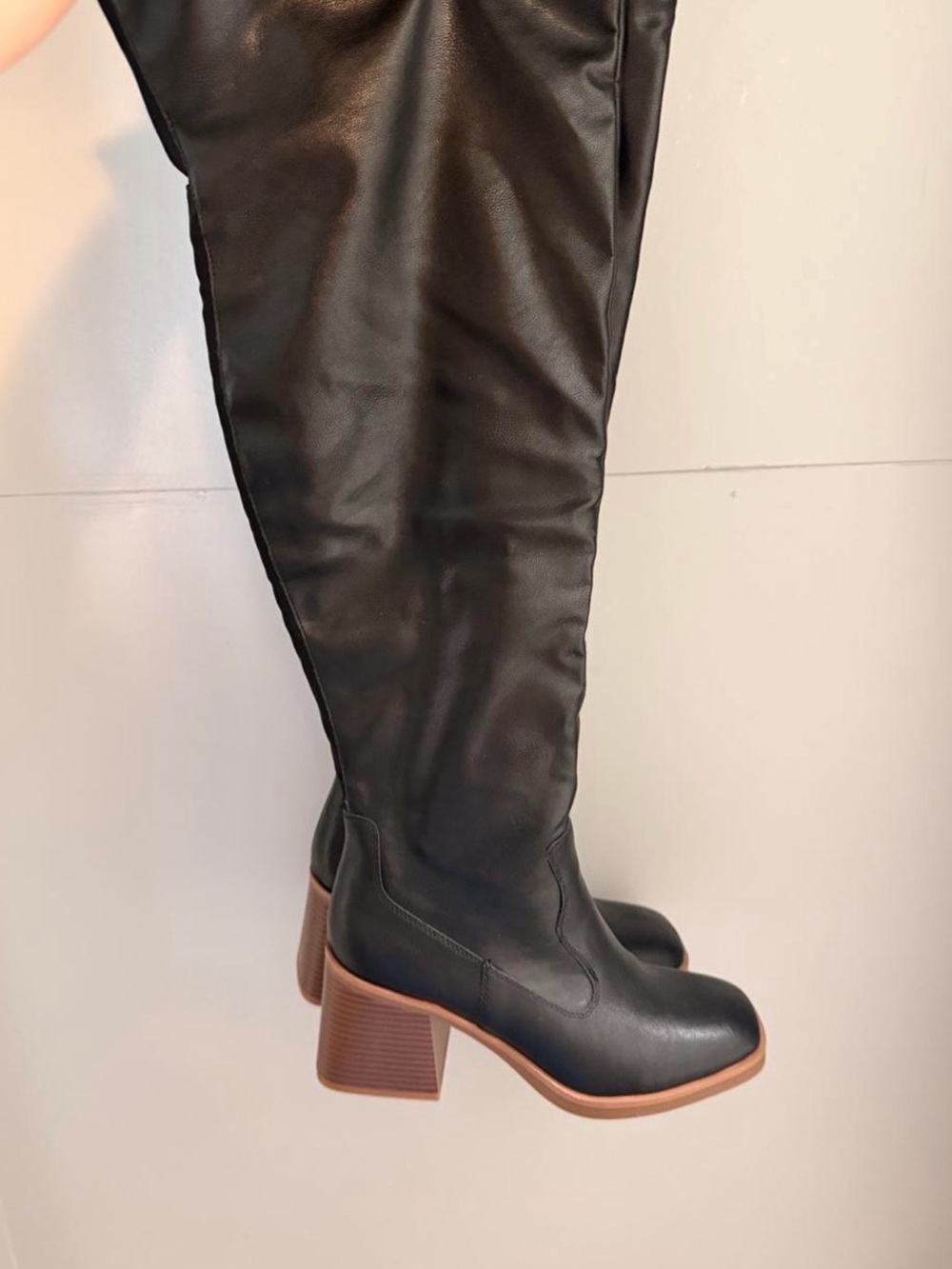 Sun + Stone Black Over-the-Knee Block Heel Boots with Brown Sole